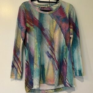 Soft Surroundings long sleeve crew neck top. Blues, pinks, green and yellow